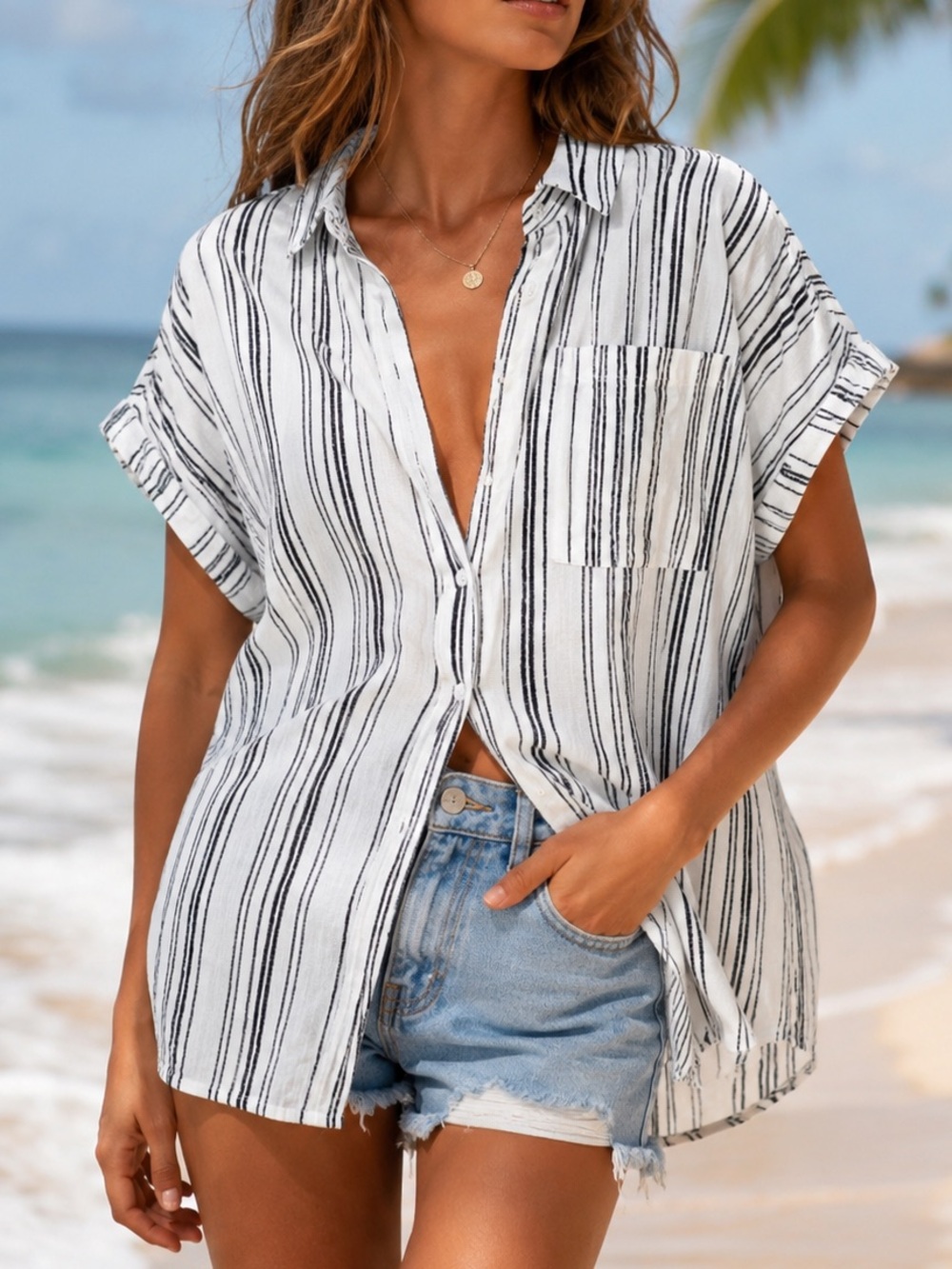 Cupshe Striped Button Down Shirt L White Black Beach Cover Up NWT